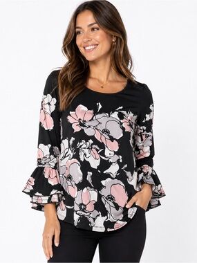 cleo Black Floral Ruffle-Sleeve Long Sleeve Tee with Pink & White Blossoms